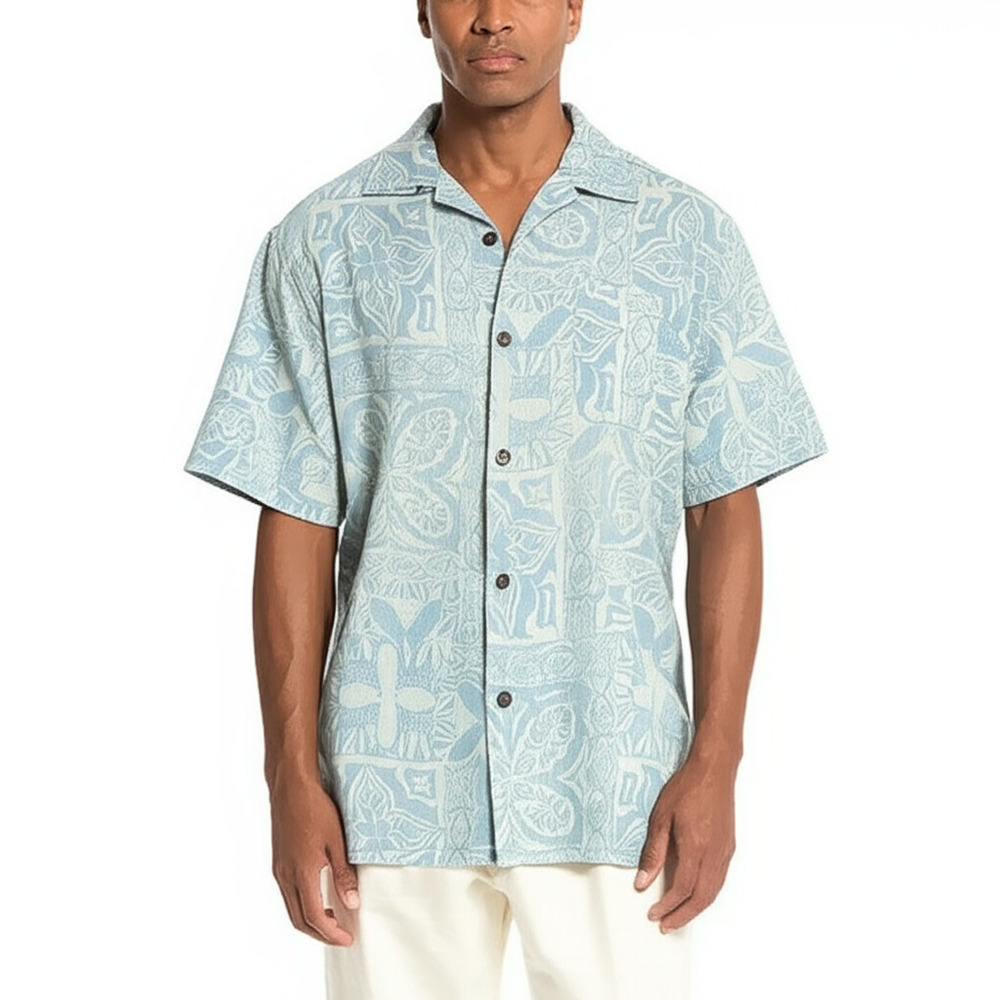 ISLAND REPUBLIC Hawaiian Shirt L Light‎ Blue Allover Pattern Tropical Resort